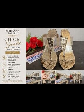 ADRIANNA PAPELL Chior Snake Reptile Embossed Clear Strap Open Toe Heel 8 Gold